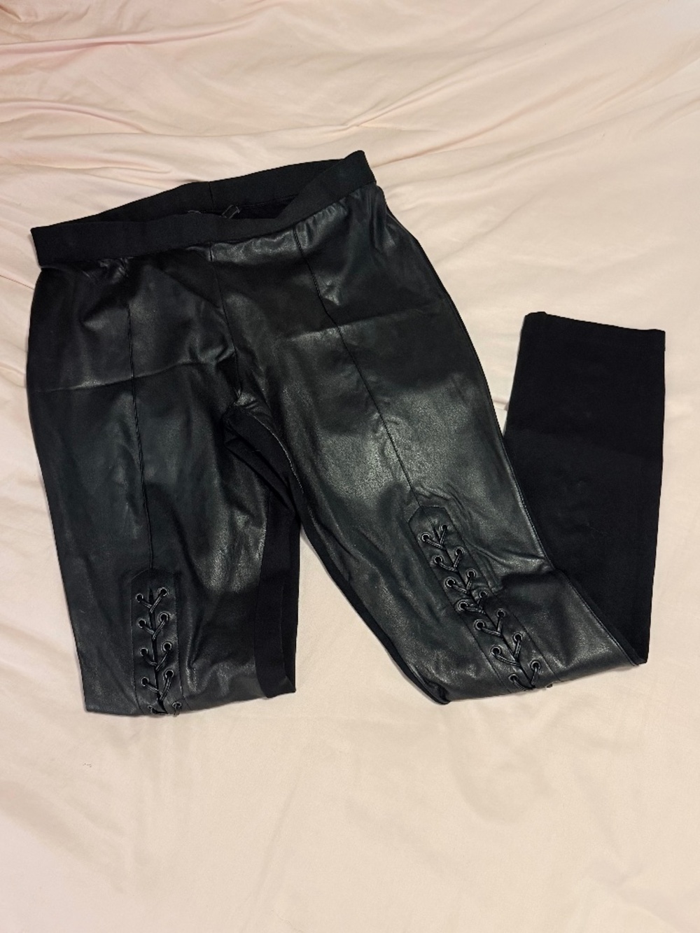 BCBG Black Leather Lace Up Skinny High Waist Pants